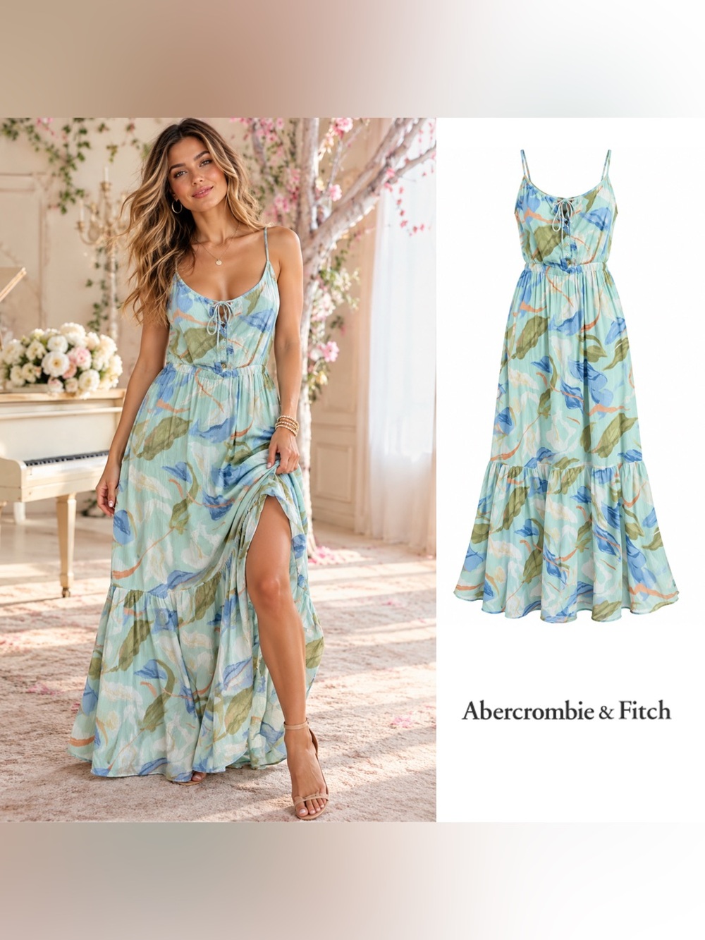 NEW Abercrombie & Fitch Mint Blue Floral Tie-Front Maxi Dress